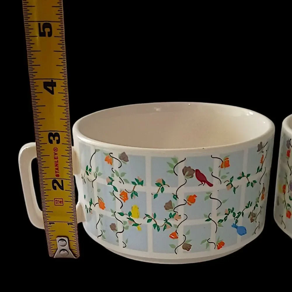 2 Vintage Soup Chili Mug Cup Ceramic Flowers Birds Pastel Pair Cottage 70s Retro